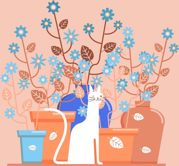 fundo decorativo vasos de flores gato esboço plano clássico