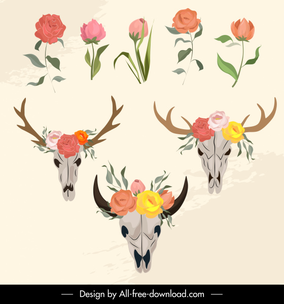 crânios botânicos decorativos ícones esboço clássico colorido