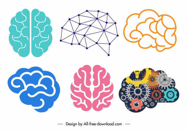 ikon otak dekoratif warna-warni bentuk datar