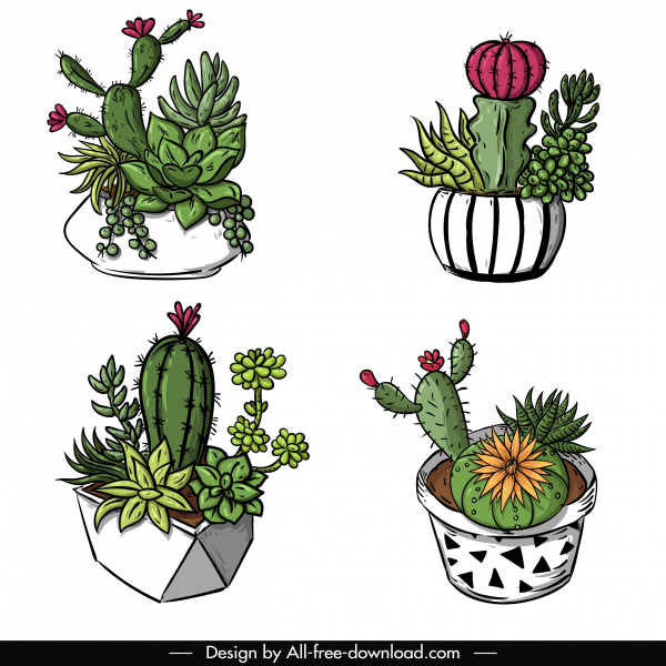 ikony dekoracyjne kaktusy doniczki klasyczne 3D szkic ręcznie rysowane