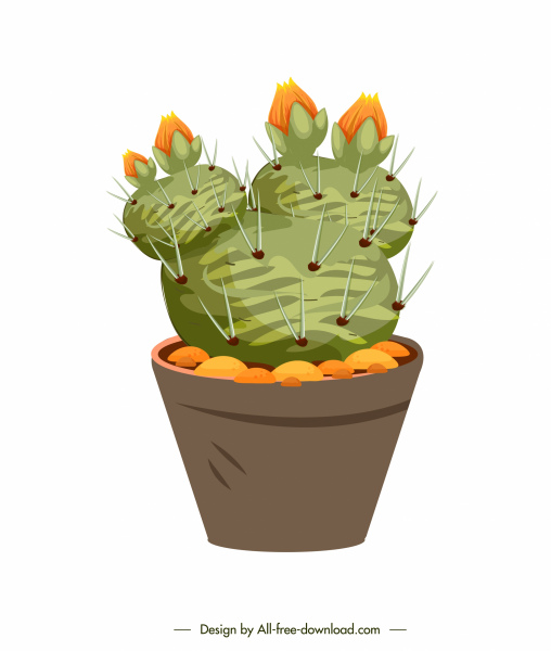 dekoratif kaktus ikon pot bunga mekar sketsa berwarna klasik