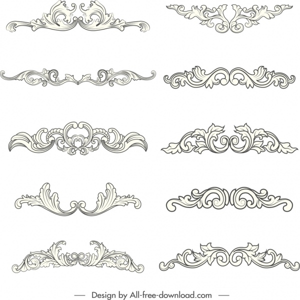 dekoratives Designelement elegante symmetrisch gewirbelte Formen Skizze