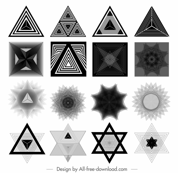 elemen dekoratif hitam putih bentuk geometris ilusif modern