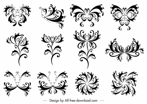 éléments décoratifs collection noir blanc symmétrique formes tourbillonnantes