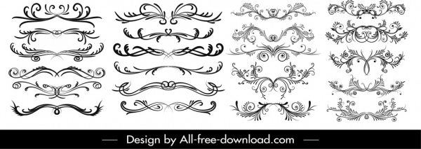 elementos decorativos coleção preto branco curvas simétricas esboço