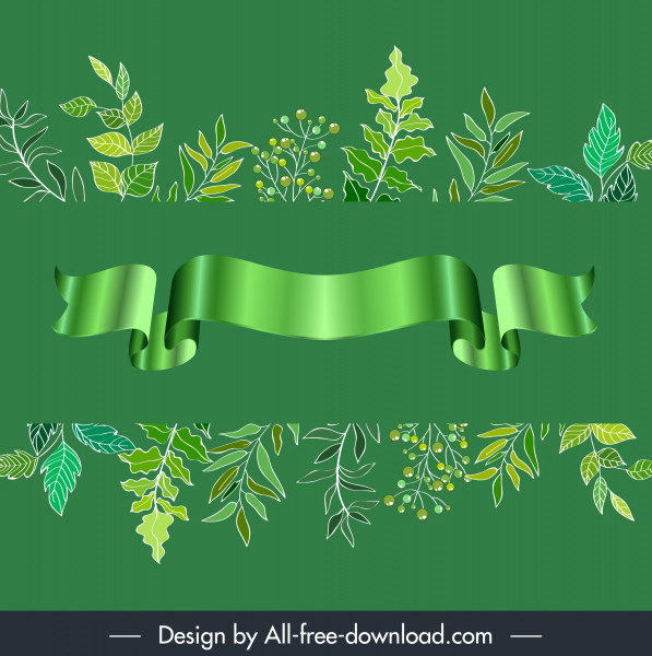elemen dekoratif hijau meninggalkan sketsa pita 3d
