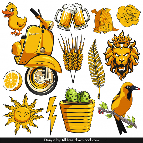 ícones de elementos decorativos ícones amarelo clássicos desenhados à mão