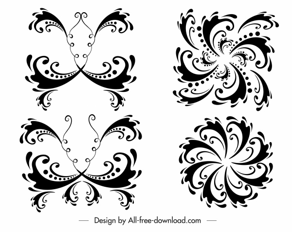éléments décoratifs modèles noir blanc symmétrique courbes croquis