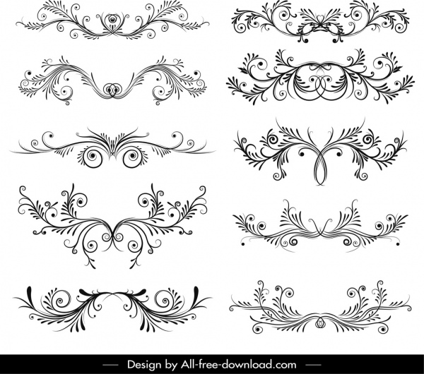 Modelos de elementos decorativos preto, branco, formas simétricas de redemoinho