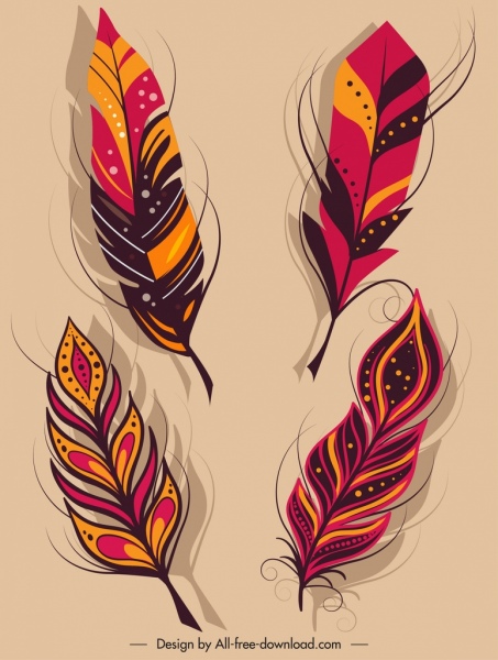 Ícones de penas decorativas Design fofo colorido clássico