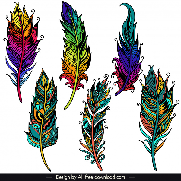 iconos de plumas decorativas colorido diseño clásico dibujado a mano étnico