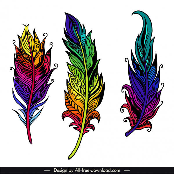 ícones de penas decorativas coloridos decoração étnica decoro desenhado à mão contorno