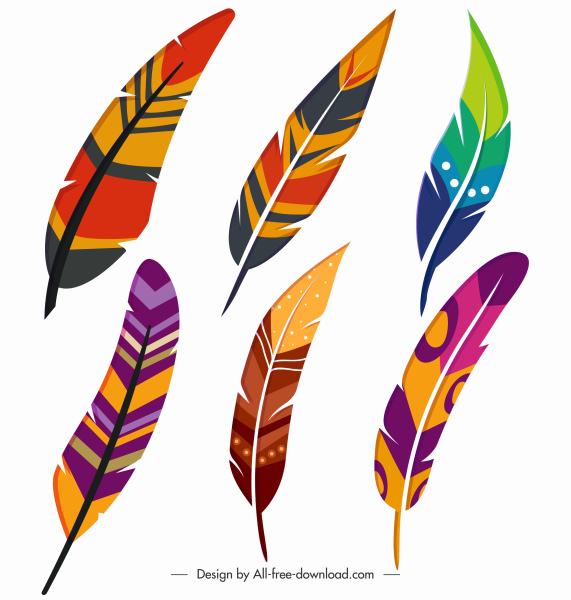iconos de plumas decorativos multicolor dibujado a mano boceto