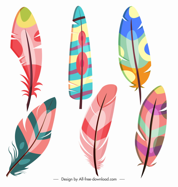 ícones de penas decorativas brilhantes desenho animados