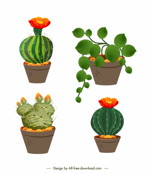 icônes décoratives de pot de fleur fleurissant le croquis frais de feuilles de cactus