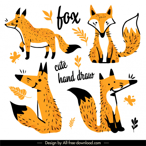 ícones de raposa decorativa bonito contorno clássico desenhado à mão