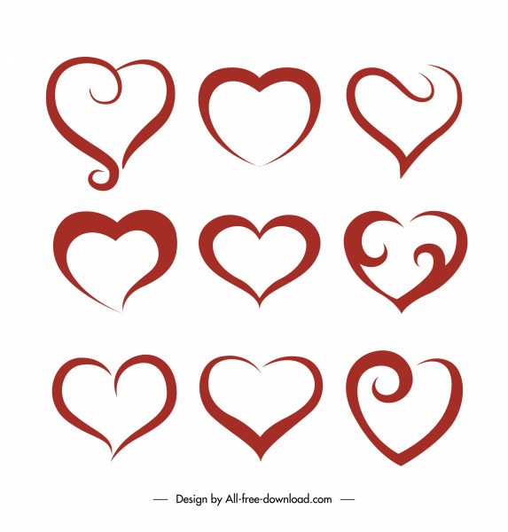 corazones decorativos iconos curvas planas formas boceto