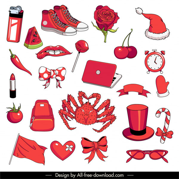 ícones decorativos objetos vermelhos símbolos animais esboço