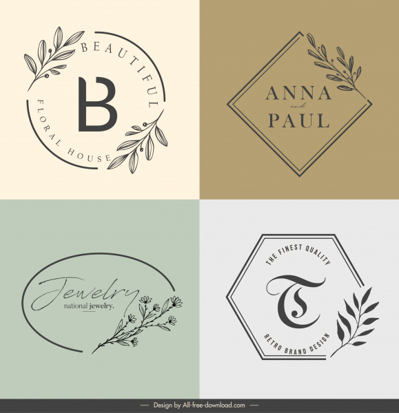 logotipos decorativos flat clássico esboço botânico desenhado à mão