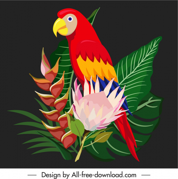 elemen alam dekoratif warna-warni bunga burung beo meninggalkan sketsa