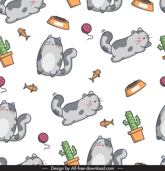pola dekoratif lucu kucing ikan kaktus ikon sketsa