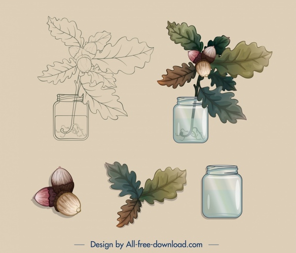 dekorative Pflanzendesign-Elemente Vase Blatt Kastanie Skizze