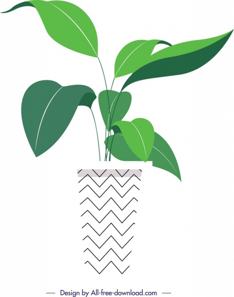 pintura decorativa da planta folhas verdes ícones de vaso plano
