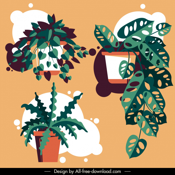 icônes décoratives de pots de plante colred croquis classique de feuilles