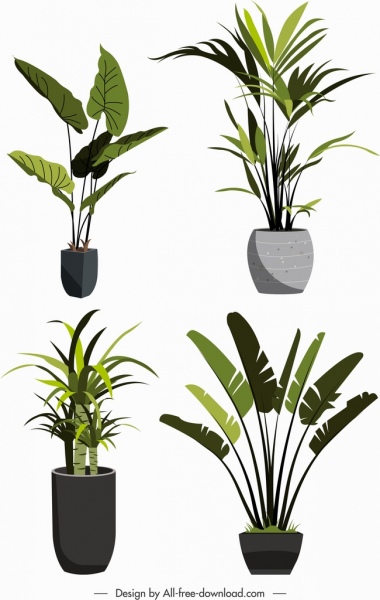 Pots de plantes décoratifs icônes feuilles vertes fraîches croquis