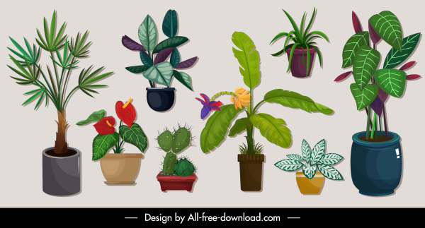 장식 식물 아이콘 나무 냄비 스케치 다채로운 고전