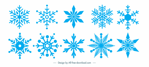 ícones decorativos de flocos de neve azul plano design simétrico