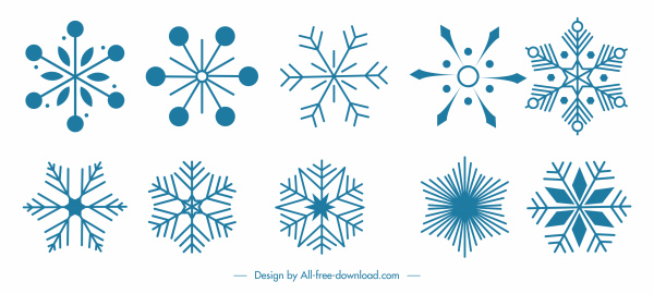 ícones decorativos de flocos de neve design simétrico plano