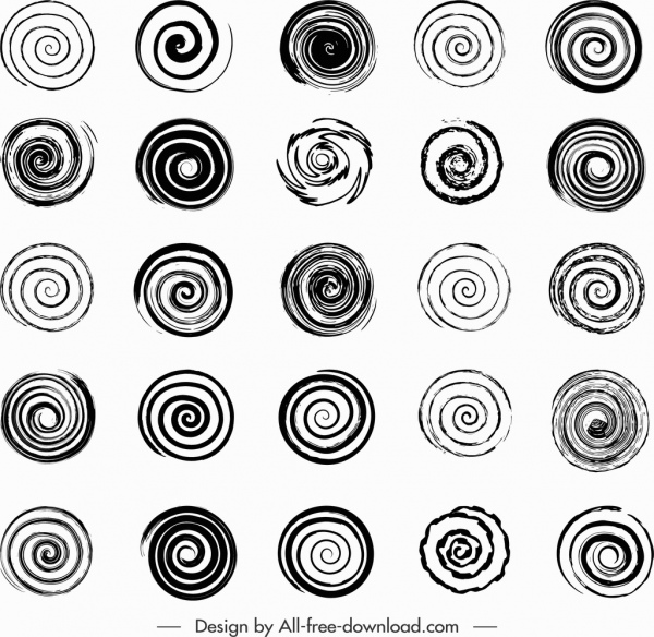 modelos de curvas de espiral decorativo preto branco design retro