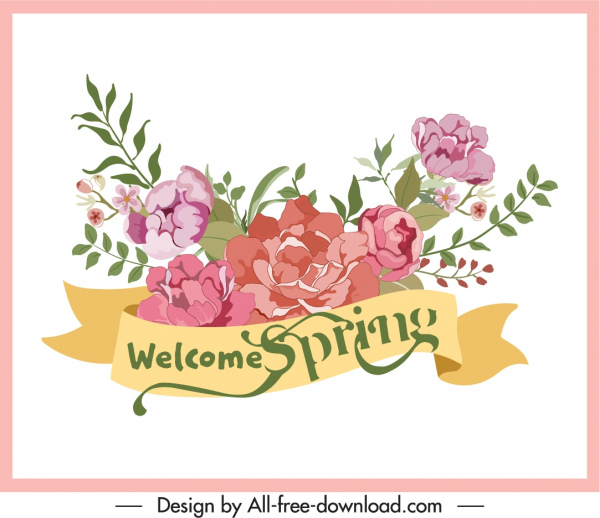 latar belakang musim semi dekoratif sketsa pita bunga yang elegan