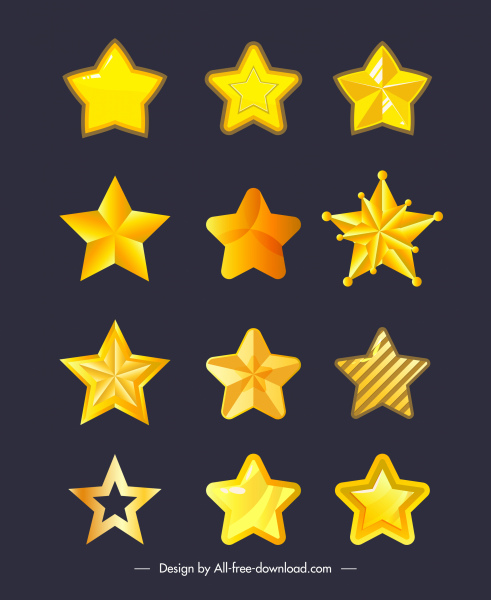 ícones de estrelas decorativas modernas formas douradas brilhantes