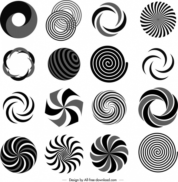 Ícones decorativos giratórios preto branco esboço torcido