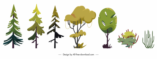 árboles decorativos iconos coloreadas formas planas boceto