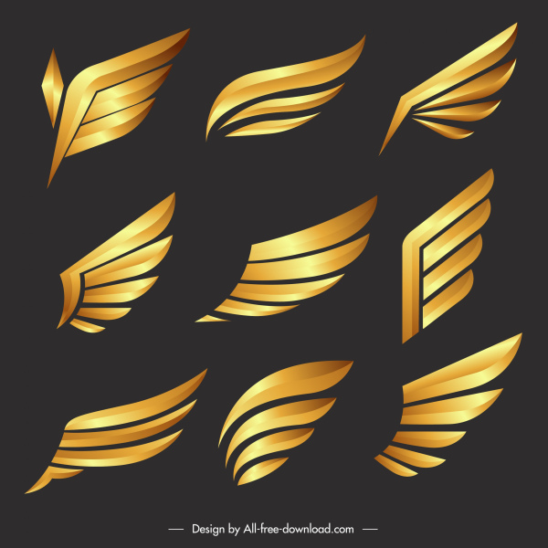 ícones de asas decorativas brilhantes esboço dourado moderno