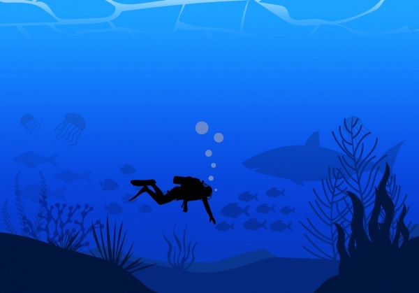 latar belakang dalam laut diver ikon dekorasi biru gelap