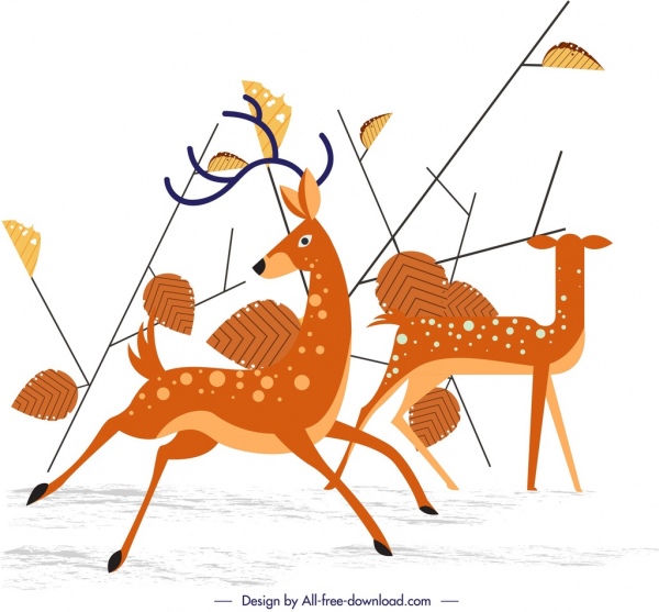 鹿野生动物绘画有色漫画剪影