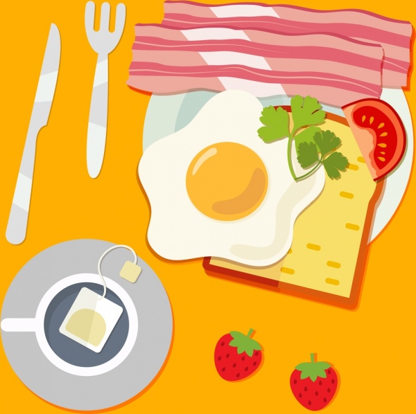 ícones de frutas do café da manhã delicioso desenho ovo frito chá