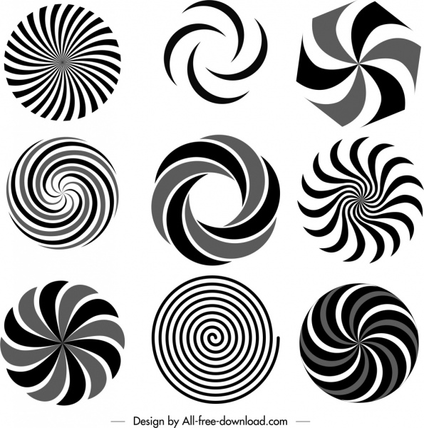 Wahn-Wirbel-Schablonen schwarz weiß flach verdreht Skizze