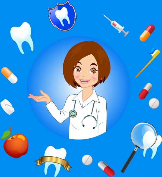 antécédents dentaires icônes divers symboles de couleur femme dentiste