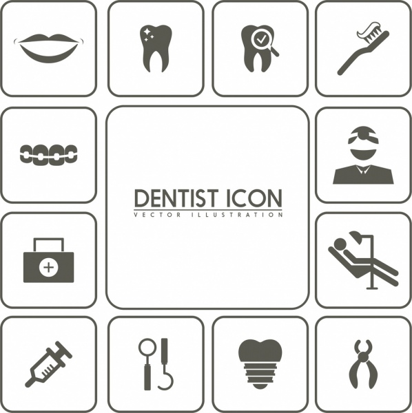 isolamento di Dental design elementi icone piane bianco nero