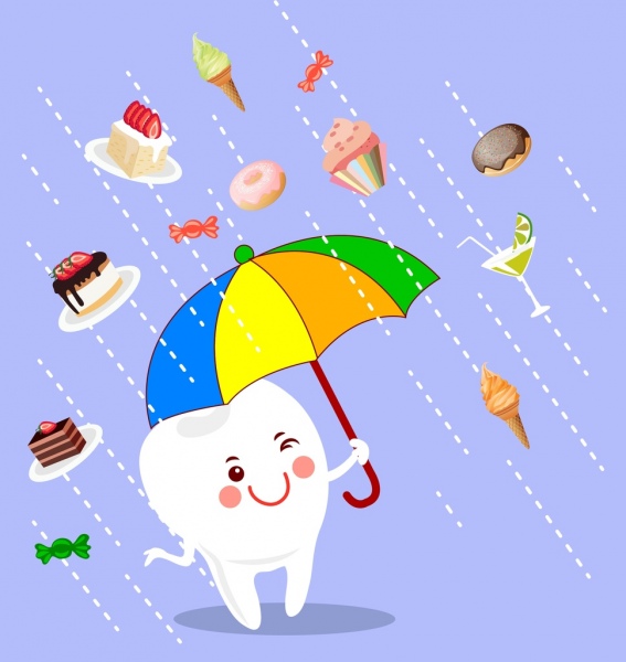 Zahnmedizin Banner niedlich stilisierte Zähne Regenschirm Kuchen Symbole