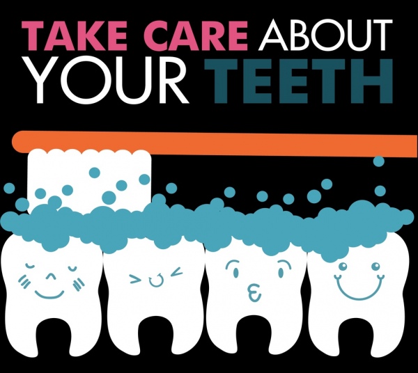 Zahnmedizin Plakat lustige stilisierte Zähne Zahnbürste Symbole