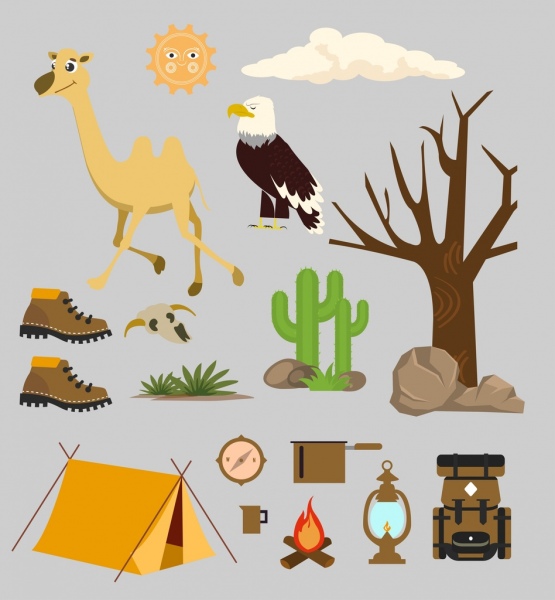 elementos de projeto no deserto ícones naturais acampar objetos acessórios