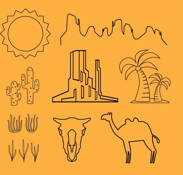 砂漠のデザイン要素の概要手描画フラット スタイル
