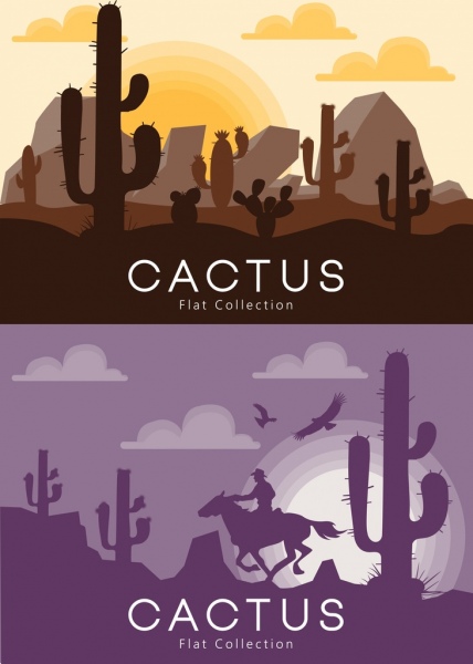 pemandangan gurun latar belakang set ikon kaktus gelap desain
