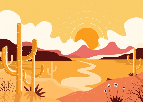 pemandangan gurun latar belakang matahari kaktus ikon berwarna klasik